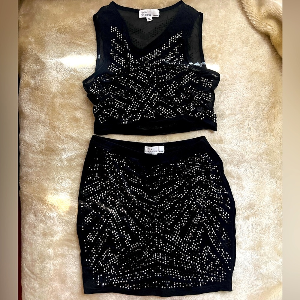 Sheer Rhinestone Skirt and Crop Top Set - Size M